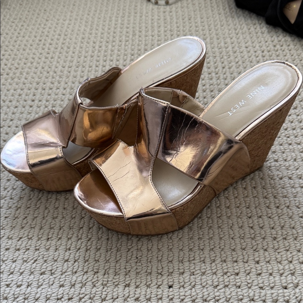 Nine West Women's Rose Gold Cork Wedge Sandals sz 7.5